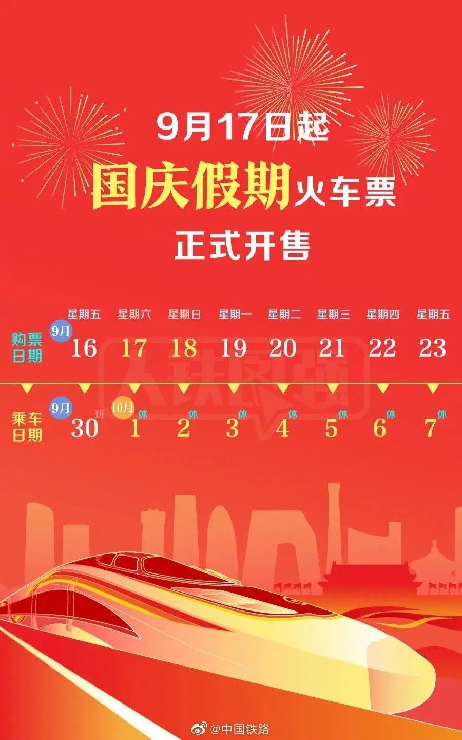 国庆假期火车票9月17日起正式开售（国庆火车票将开售）
